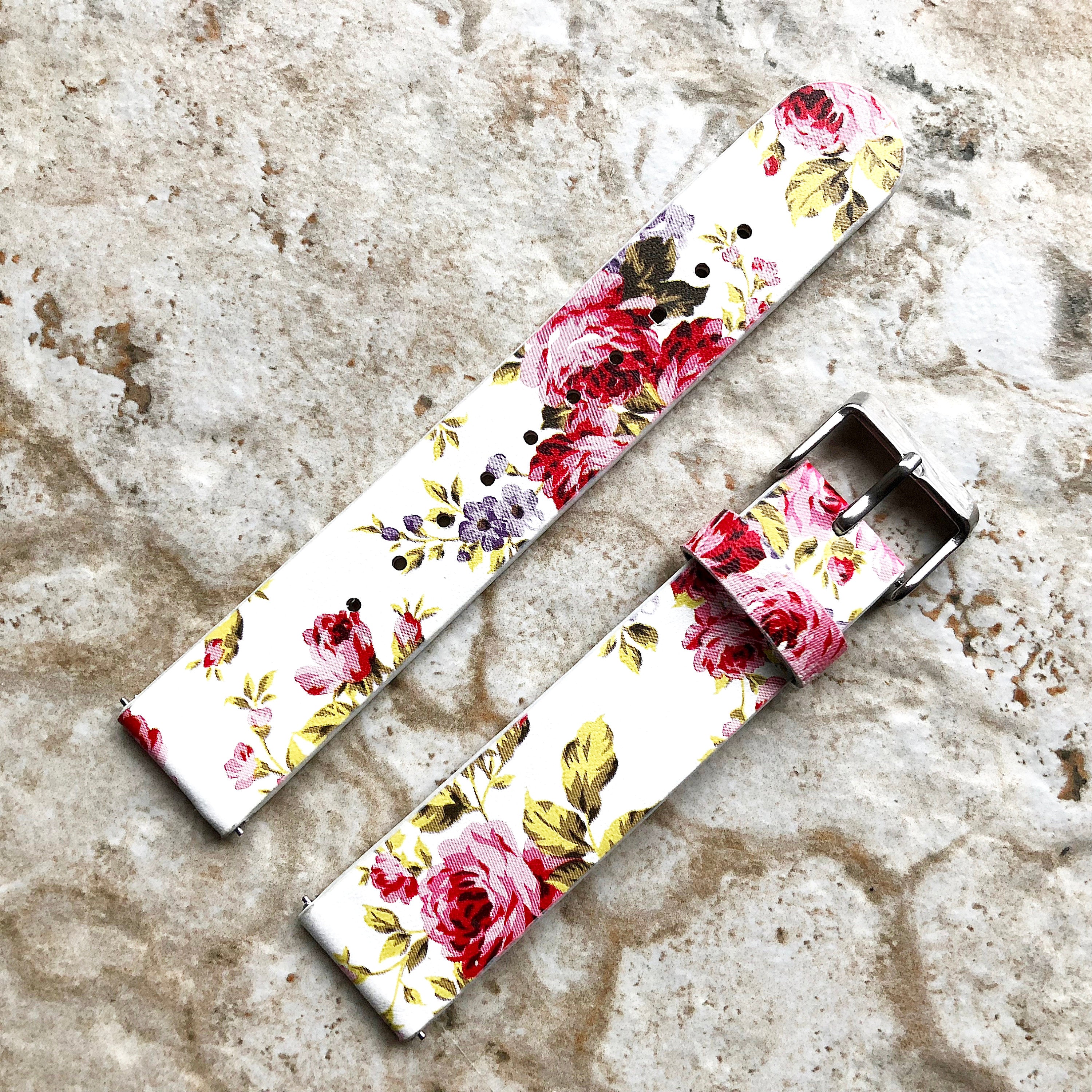 18mm Width Red Floral FL-3 Soft Leather Watch Strap Band for Wrist Hand Watches - Quick Release Pins Included Easy and Ready to Attach